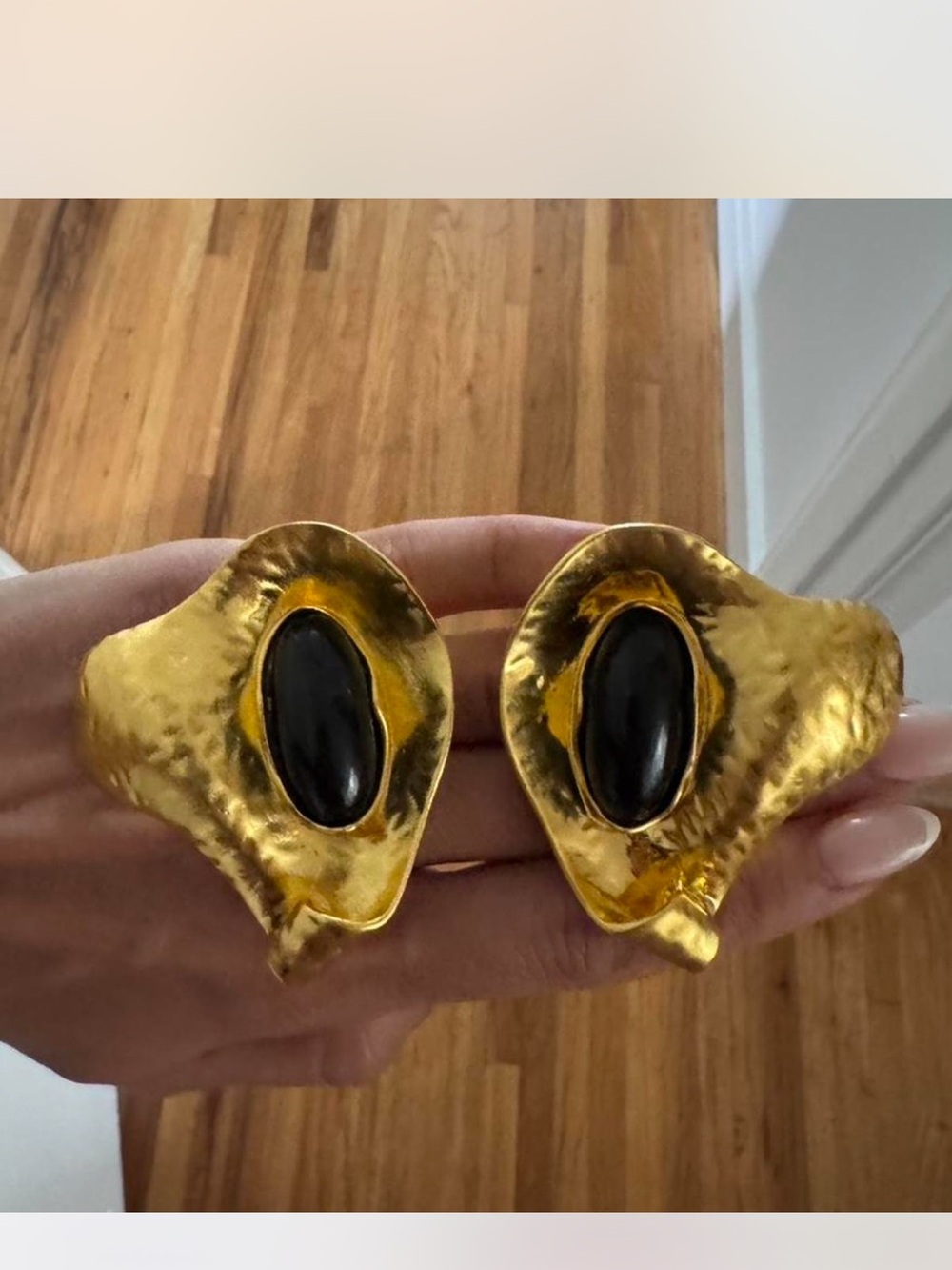 Vintage Gold-Tone Earrings with Black Cabochons